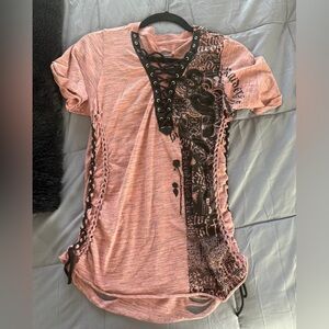 Affliction Pink and Black Lace-Up Graphic Tee